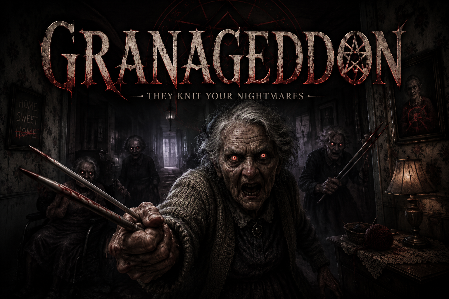 Granageddon key art: a wild-eyed elderly woman lunging with knitting needles, shadowy red-eyed figures behind her, under a blood-red horror logo and the tagline They Knit Your Nightmares
