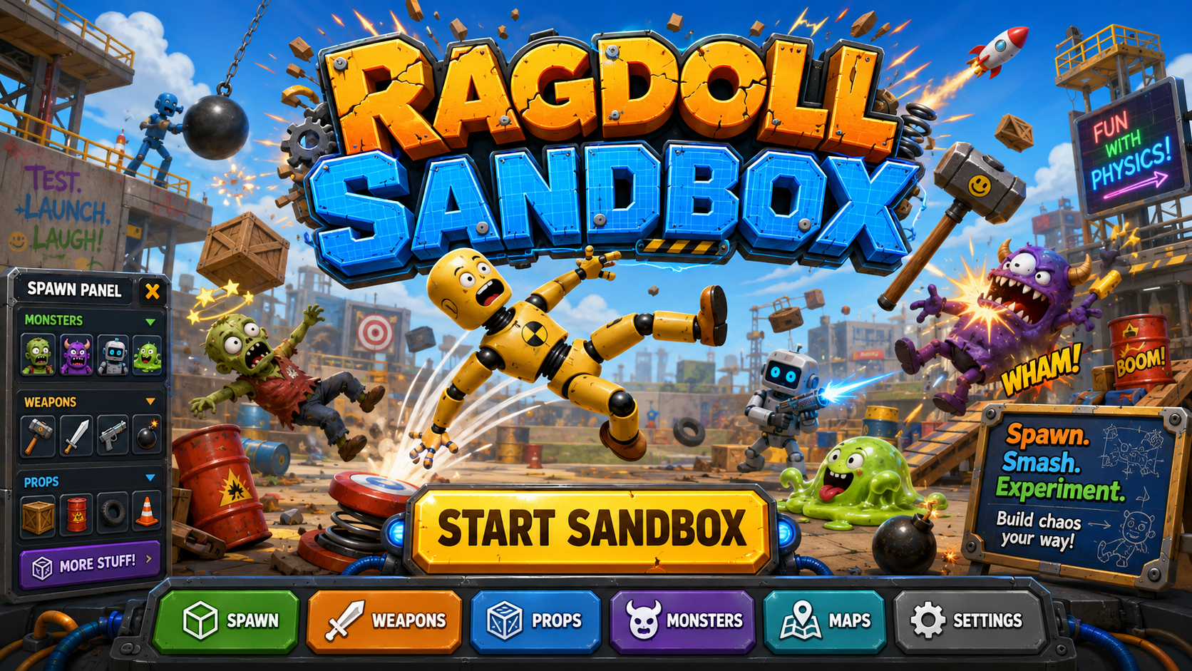Ragdoll Sandbox key art with a flailing test dummy, wrecking ball, monsters, and weapons on a construction-site playground